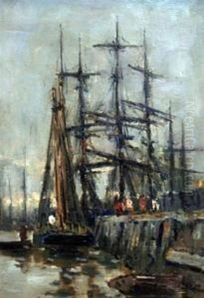 Shipping In Whitby Harbour Oil Painting by Bertram Walter Priestman