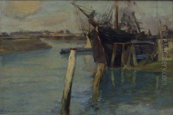 'ebb Tide' - Moored Sailing Ship In An Estuary Oil Painting by Bertram Walter Priestman