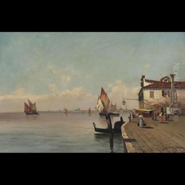 Figures On A Sunlit Venetian Harbour Oil Painting by Bertram Walter Priestman