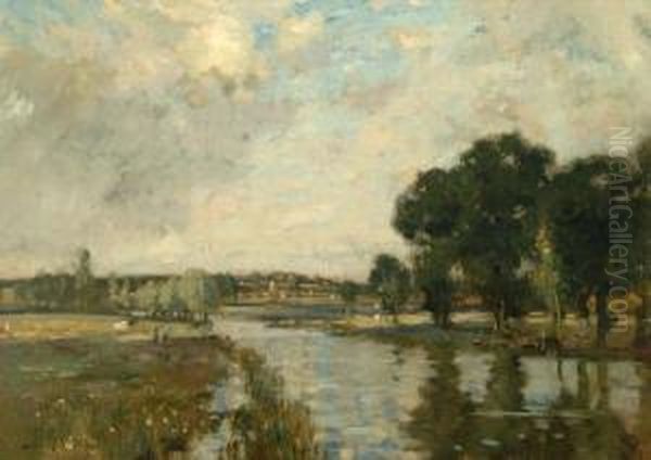 A Tranquil River Landscape Oil Painting by Bertram Walter Priestman