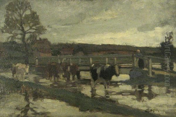 Cattle Crossing A Ford At Twilight Oil Painting by Bertram Walter Priestman