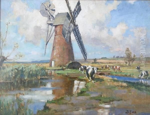 The Mill On The Marsh, Suffolk Oil Painting by Bertram Walter Priestman