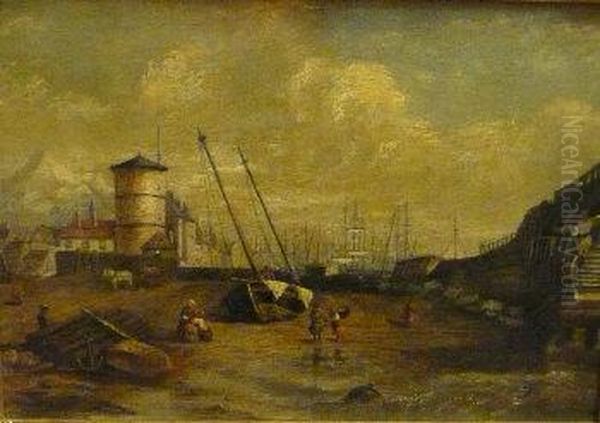 British River Estuary With Ships Moored, The Town Beyond Oil Painting by Bertram Walter Priestman