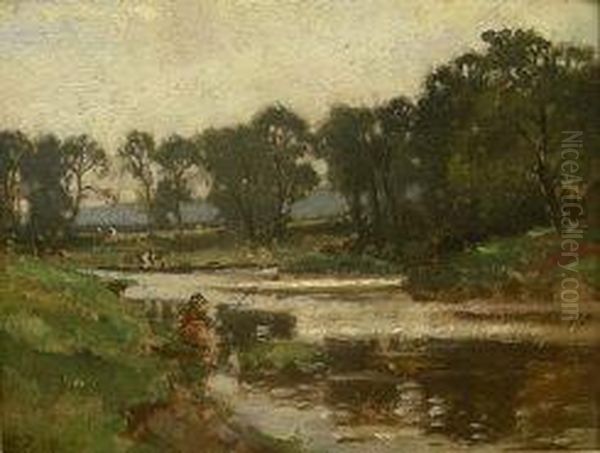 Fishermen On The River Bank Oil Painting by Bertram Walter Priestman