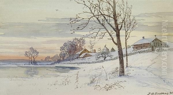 Lakeside Farm In The Snow At Sunset by Bertram Walter Priestman