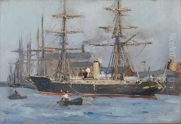 A Belgian Auxiliary Steamer In Ostend Docks by Bertram Walter Priestman