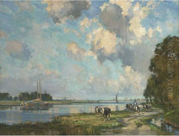 Herding Cows Along The Tow Path by Bertram Walter Priestman