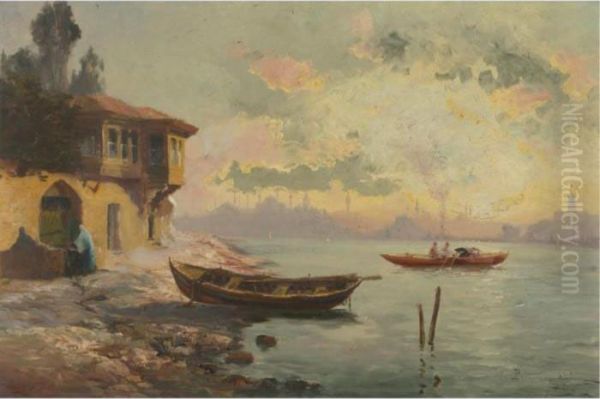 View Of The Bosporus, Constantinople In The Distance Oil Painting by Francois Leon Prieur-Bardin