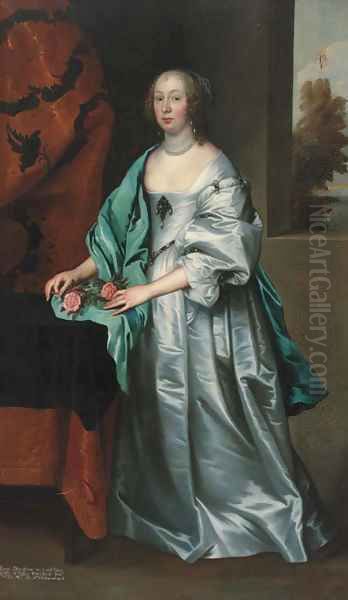 Portrait of Mary, Countess of Westmorland, full-length, in a grey satin dress and a blue wrap, with a sprig of blossom in her right hand Oil Painting by Sir Anthony Van Dyck