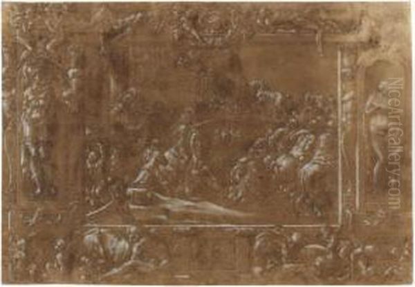 Design For A Wall Decoration: 
The Trojans Bringing The Wooden Horse Into Their City Walls, With 
Ornamental Borders Including Venus And Mars Oil Painting by Francesco Primaticcio