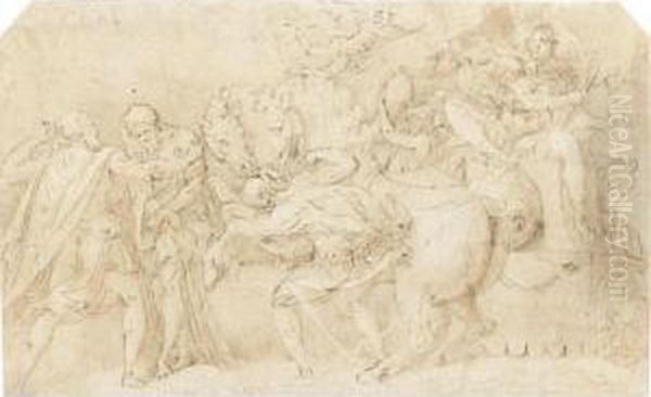 A Triumphant General On A Chariot, Surrounded By Figures Oil Painting by Francesco Primaticcio