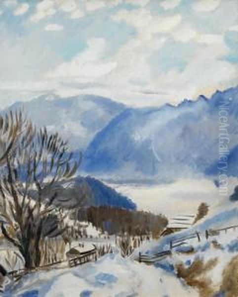 La Vallee Du Rhone Vue De Leysin. Oil Painting by Andre Julien Prina