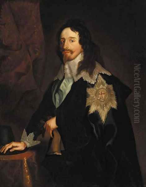 Portrait of King Charles I, three-quarter-length, in a dark blue coat with lace collar and cuffs, wearing the Order of the Garter Oil Painting by Sir Anthony Van Dyck