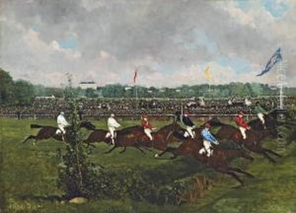 Steeple Chase At The Hippodrome De La Marche Oil Painting by Rene Pierre Princeteau