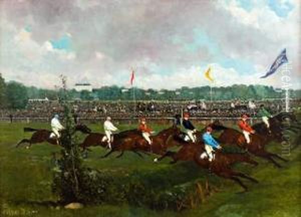 Steeple Chase Sur L'hippodrome De La Marche Oil Painting by Rene Pierre Princeteau