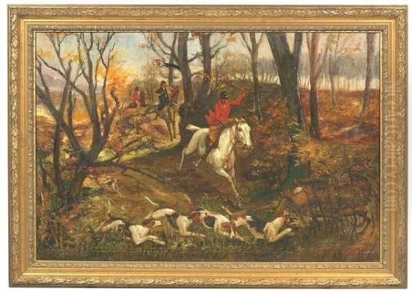 Coursing In An Autumnal Forest Oil Painting by Rene Pierre Princeteau