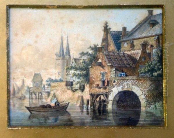 Fishing Boat On A Canal Oil Painting by Johannes Huibert Prins