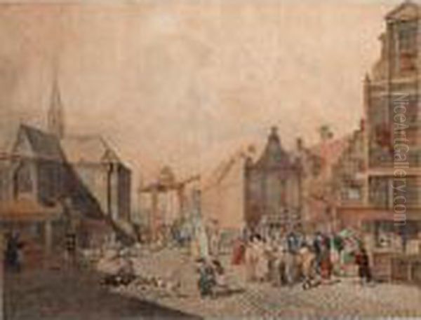 Street Scene With A Church By A Bridge Oil Painting by Johannes Huibert Prins