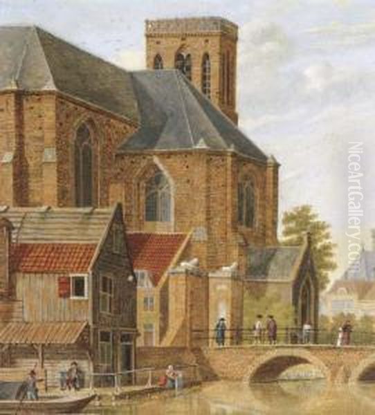 A Capriccio Of A Church By A Canal Oil Painting by Johannes Huibert Prins