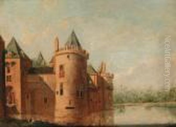 A Moated Castle Oil Painting by Johannes Huibert Prins