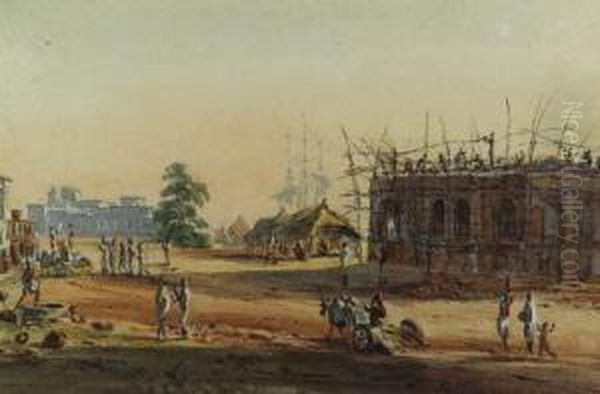 Figures And Oxen Before A House Covered In Scaffolding,calcutta Oil Painting by William Prinsep