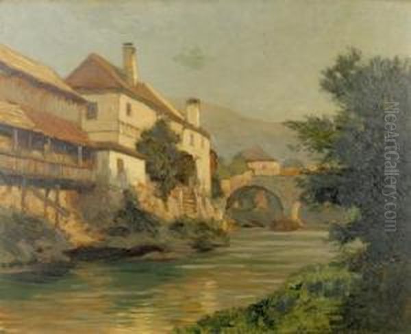 Hauser Am Flus Mit Steinbrucke Oil Painting by Karl Ludwig Prinz