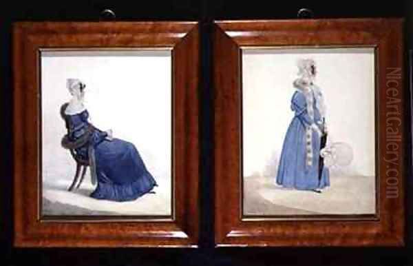 Two portraits of a Seated and a Standing Lady in Blue Dresses Oil Painting by Richard Dighton