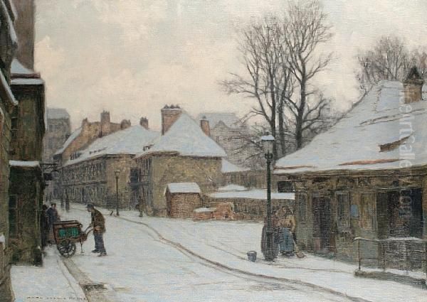 A Winter Street Scene Oil Painting by Karl Ludwig Prinz