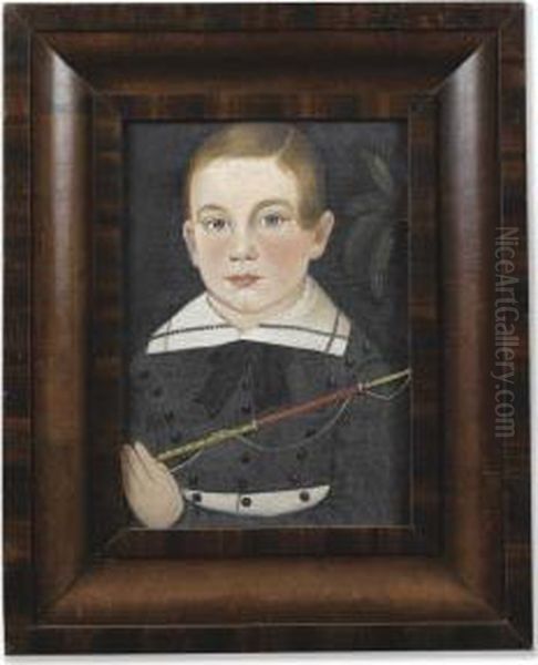 Portrait Of A Young Boy In Gray Costume With Black Buttons Holding A Whip; Leaf At Right Oil Painting by William Matthew Prior