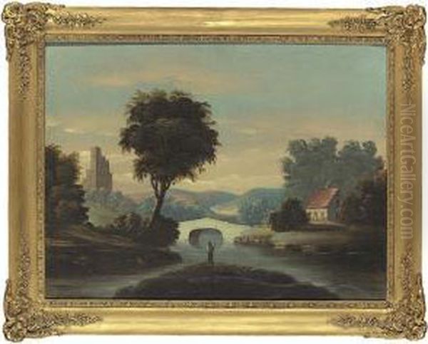 A Landscape: Fishermen By A River With Cottage And Ruined Castle Oil Painting by William Matthew Prior