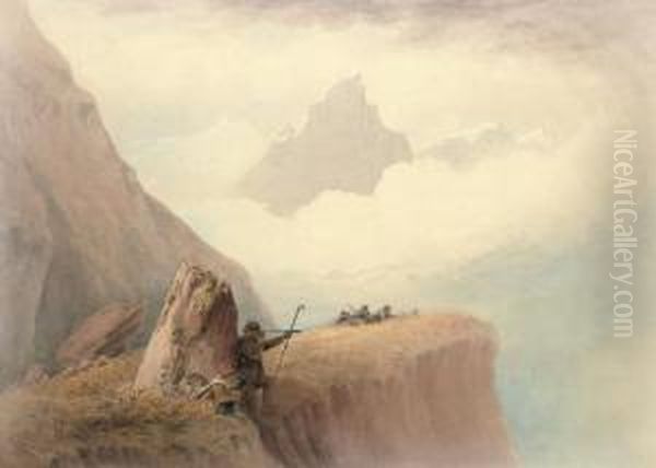 Chamois Hunters, The Matterhorn Beyond Oil Painting by Robert Taylor Pritchett