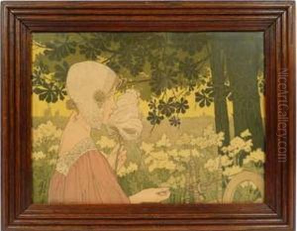 Lot 195 : - Livemont, Henri Privat .- La Brodeuse... Oil Painting by Privat Livemont