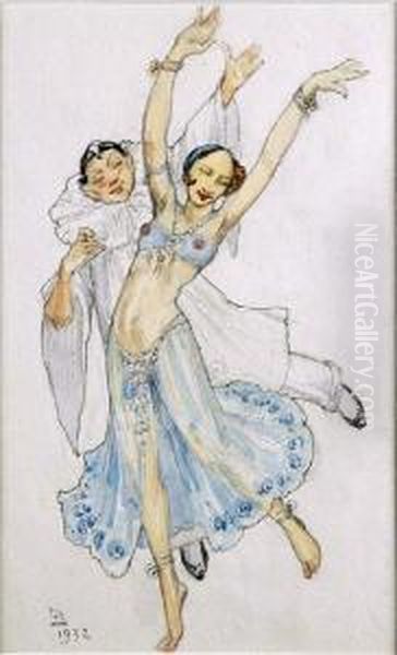 [danseurs]. Dessin Aquarelle, Monogramme En Bas A Gauche. Oil Painting by Privat Livemont