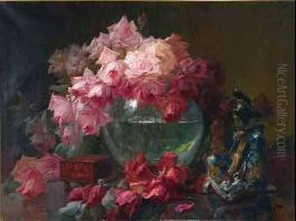 Still Life Of Roses And Japanese Figurine Oil Painting by Privat Livemont