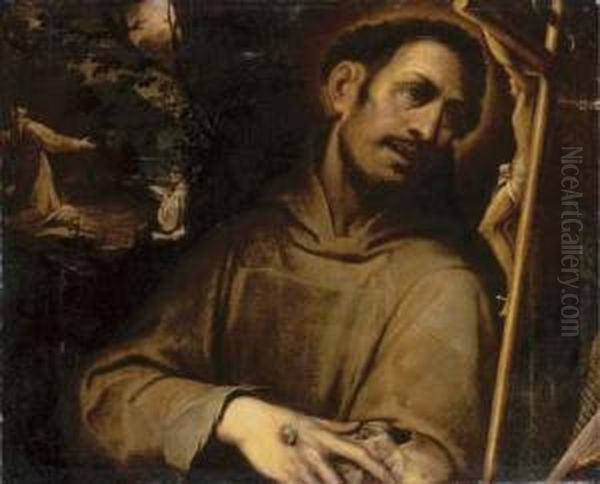 Saint Francis Adoring The Cross, With The Stigmatisation Of Saintfrancis Beyond Oil Painting by Camillo Procaccini