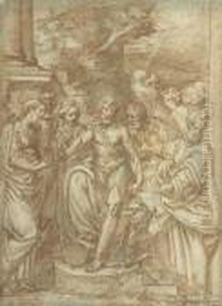 Saint John The Baptist Flanked By Saint Barbara And Othersaints Oil Painting by Camillo Procaccini