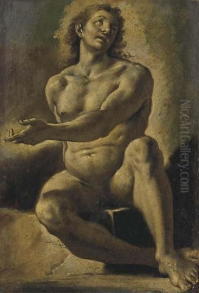 Un Homme Assis Regardant Vers Le Haut Et Pointant Vers La Gauche Oil Painting by Ercole Ii Procaccini