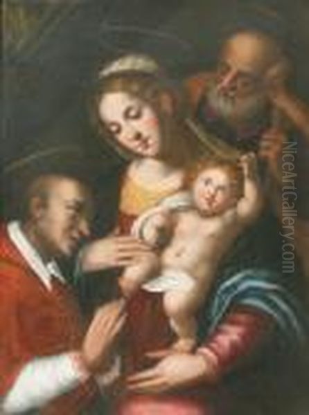 The Holy Family Adored By A Kneeling Cardinal Oil Painting by Giulio Cesare Procaccini