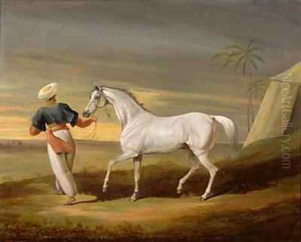 Signal a grey Arab with a Groom in the Desert Oil Painting by David of York Dalby