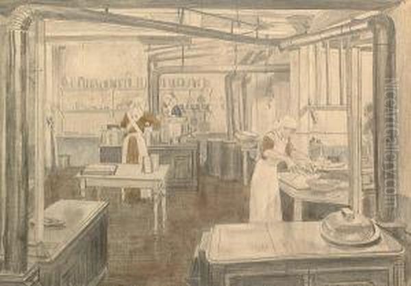 Kitchen At No.8, Red Cross Hospital. Oil Painting by Ernest Procter