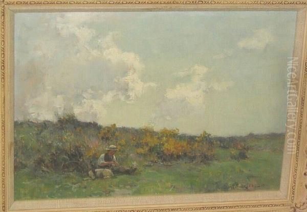 Boy And His Dog Resting In A Field Oil Painting by Adam Edwin Proctor