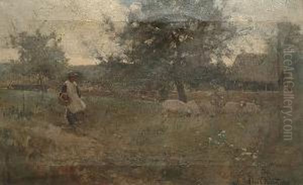 A Girl With Sheep By A Farmstead Oil Painting by Adam Edwin Proctor