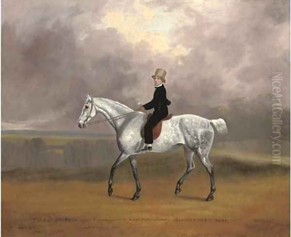 Thomas Dicksan, aged 8, on his favourite pony Wendlestone, in a landscape Oil Painting by David of York Dalby