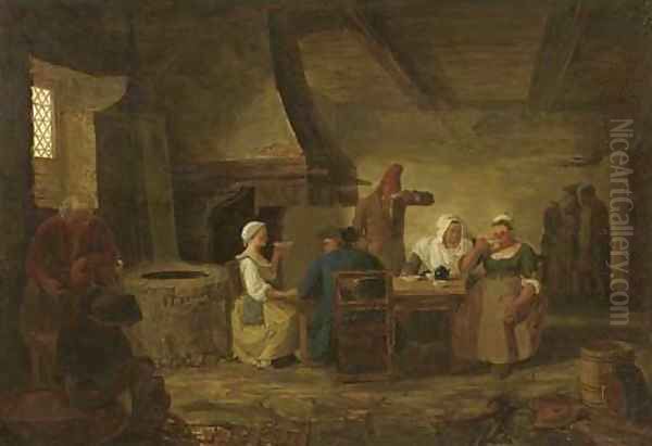 The interior of an inn with peasants seated by a table drinking tea Oil Painting by Leonard Defrance