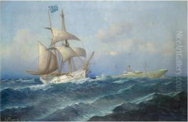 Greek Vessels On Choppy Waters Oil Painting by Emilios Prosalentis