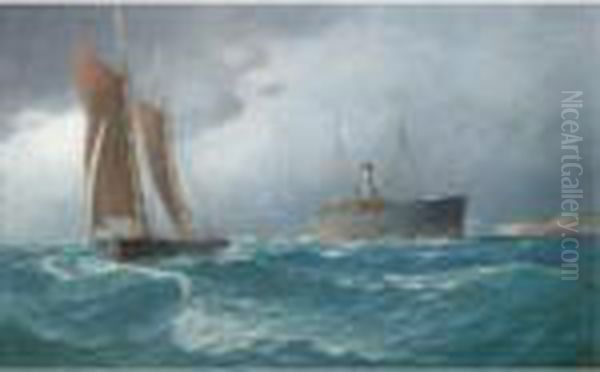 Sailing Boat And Steamship At Sea Oil Painting by Emilios Prosalentis