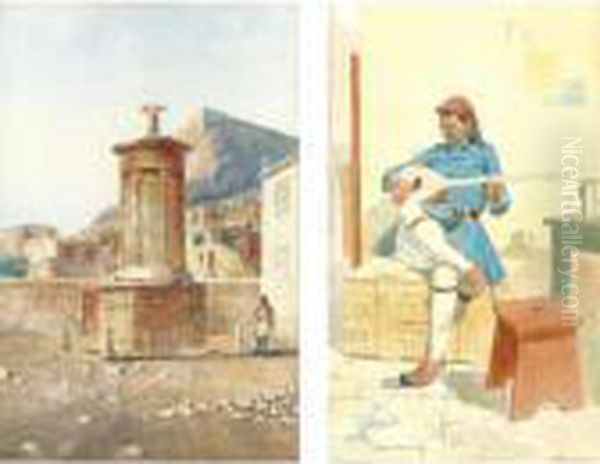 The Lyssicrates Monument & A Greek Musician Oil Painting by Emilios Prosalentis