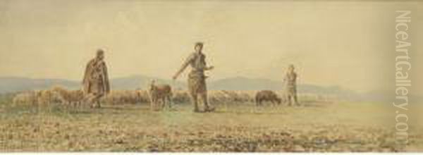 Shepherds With Their Sheep Oil Painting by Emilios Prosalentis