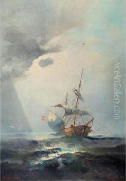 A Sailing Boat In Choppy Waters Oil Painting by Emilios Prosalentis