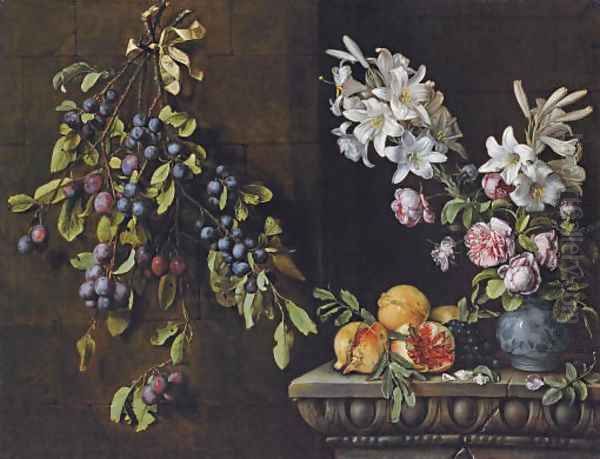 Branches of plums tied with a ribbon and suspended from a nail, with lilies and roses in a blue and white porcelain vase Oil Painting by Pierre Dupuis